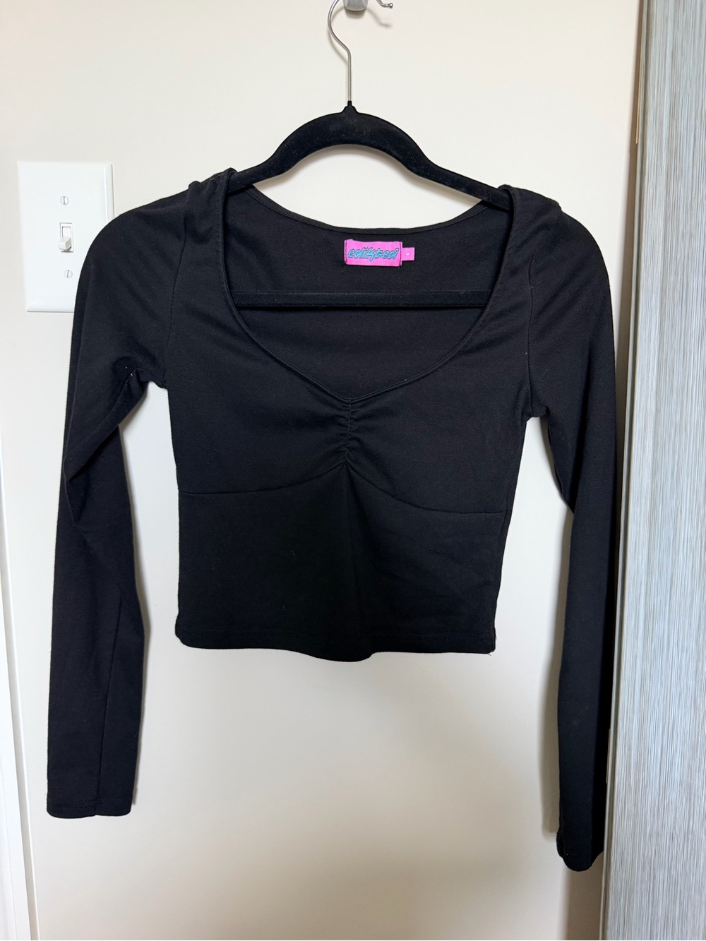 Edikted Black Ruched V-Neck Long Sleeve Top